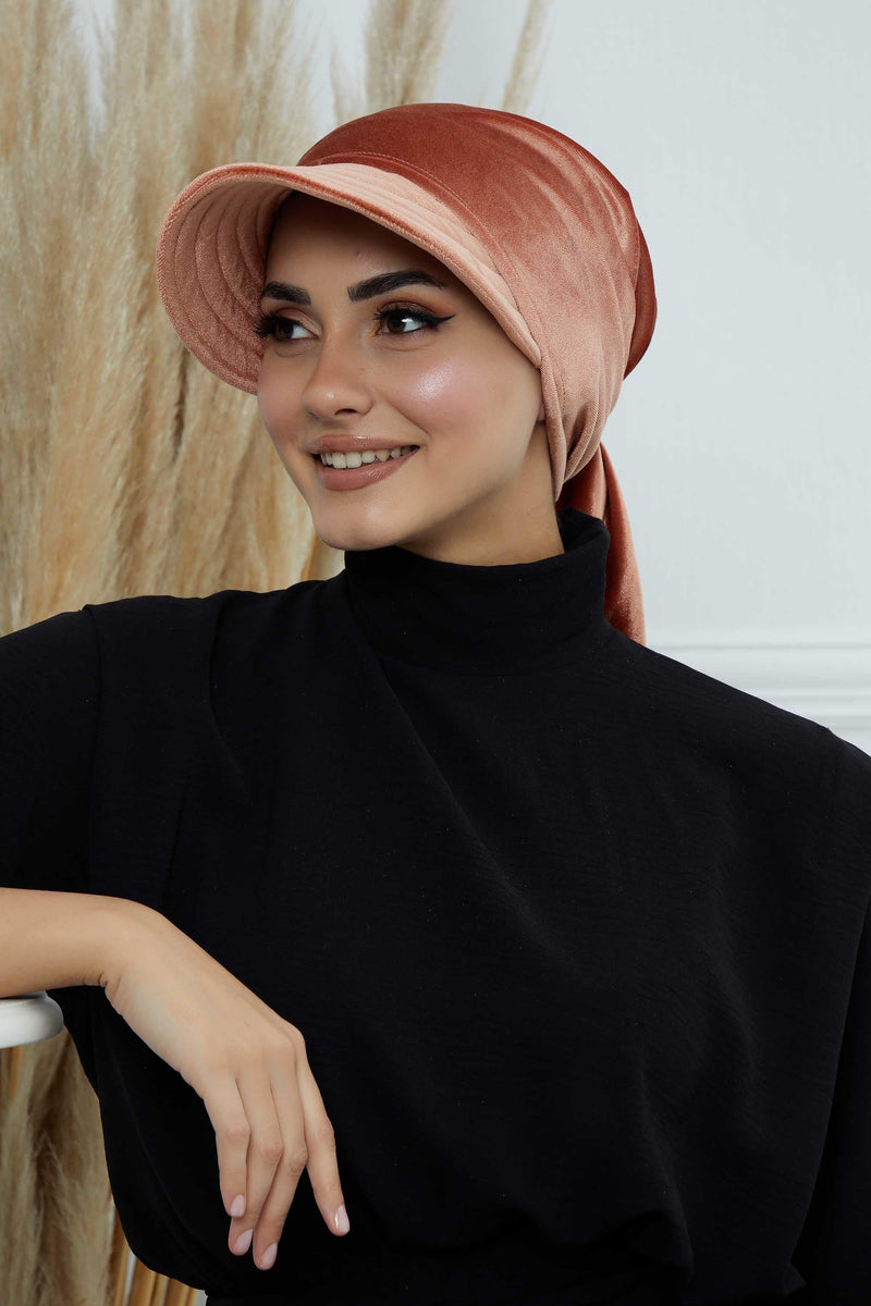 Vorgebundene Instant-Turbanmütze aus Samt für Damen, superweiche Schirmmütze aus Samt für Damen, Sonnenschutzvisier, Chemo-Kopfbedeckung, B-71K