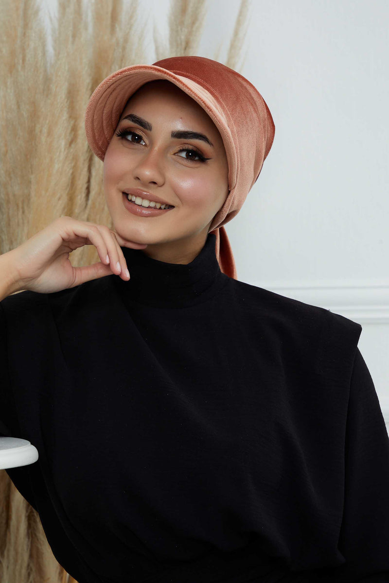 Vorgebundene Instant-Turbanmütze aus Samt für Damen, superweiche Schirmmütze aus Samt für Damen, Sonnenschutzvisier, Chemo-Kopfbedeckung, B-71K