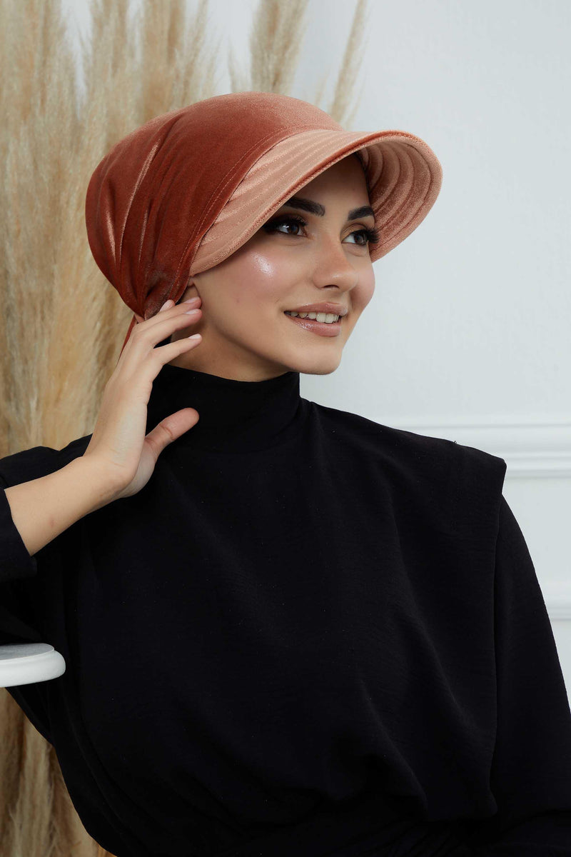 Vorgebundene Instant-Turbanmütze aus Samt für Damen, superweiche Schirmmütze aus Samt für Damen, Sonnenschutzvisier, Chemo-Kopfbedeckung, B-71K