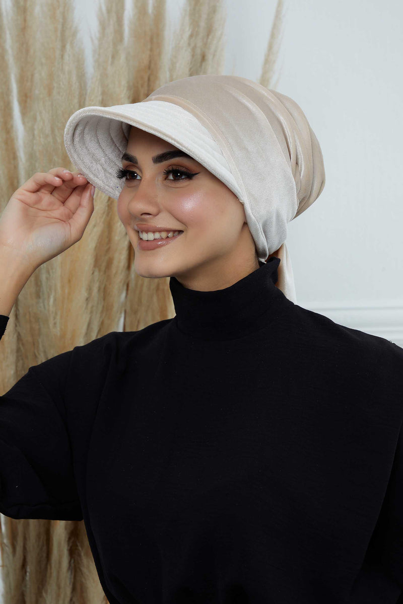 Vorgebundene Instant-Turbanmütze aus Samt für Damen, superweiche Schirmmütze aus Samt für Damen, Sonnenschutzvisier, Chemo-Kopfbedeckung, B-71K