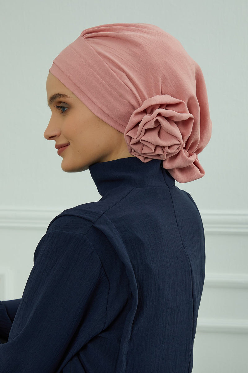 Pre-Tied Modest Turban for Women, Soft Aerobin Fabric Hijab with Stylish Back Flower, Slip-On Cotton Blend Head Cover,HT-92