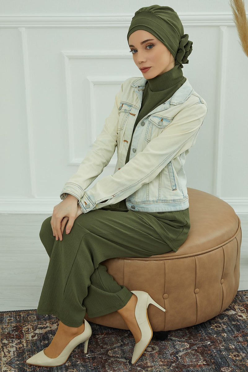 Pre-Tied Modest Turban for Women, Soft Aerobin Fabric Hijab with Stylish Back Flower, Slip-On Cotton Blend Head Cover,HT-92