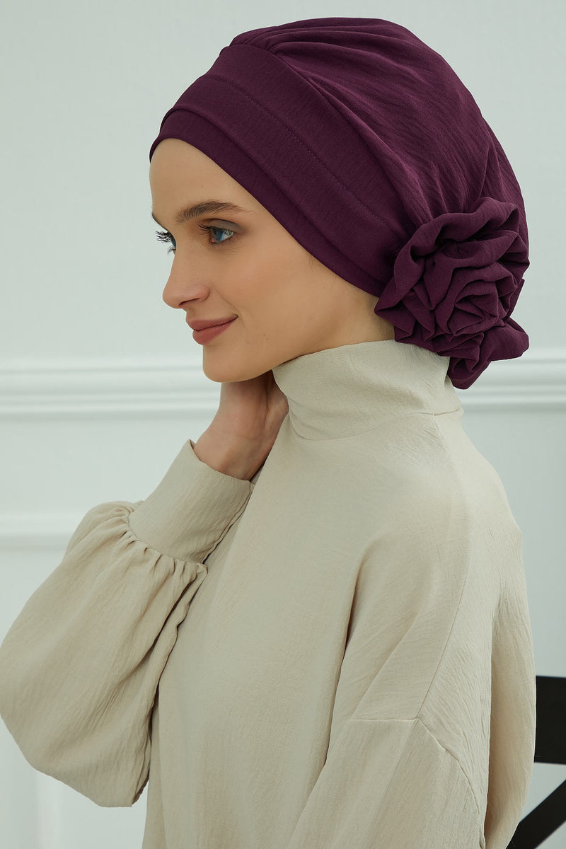 Pre-Tied Modest Turban for Women, Soft Aerobin Fabric Hijab with Stylish Back Flower, Slip-On Cotton Blend Head Cover,HT-92