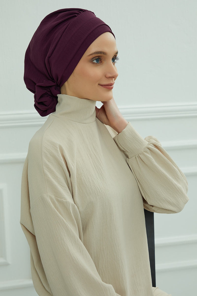 Pre-Tied Modest Turban for Women, Soft Aerobin Fabric Hijab with Stylish Back Flower, Slip-On Cotton Blend Head Cover,HT-92