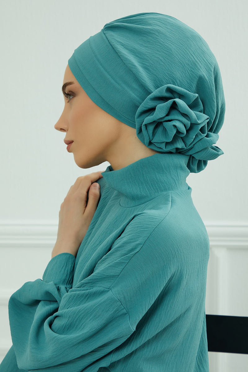 Pre-Tied Modest Turban for Women, Soft Aerobin Fabric Hijab with Stylish Back Flower, Slip-On Cotton Blend Head Cover,HT-92