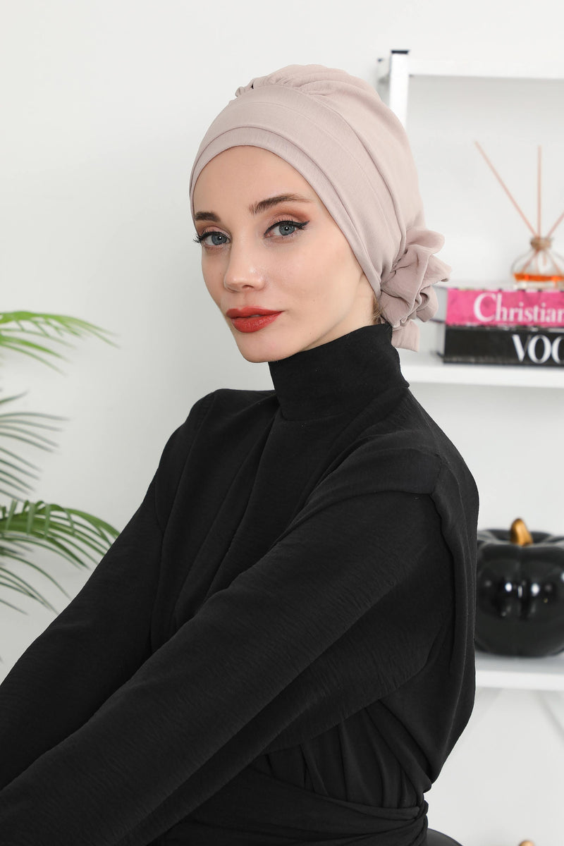 Pre-Tied Modest Turban for Women, Soft Aerobin Fabric Hijab with Stylish Back Flower, Slip-On Cotton Blend Head Cover,HT-92