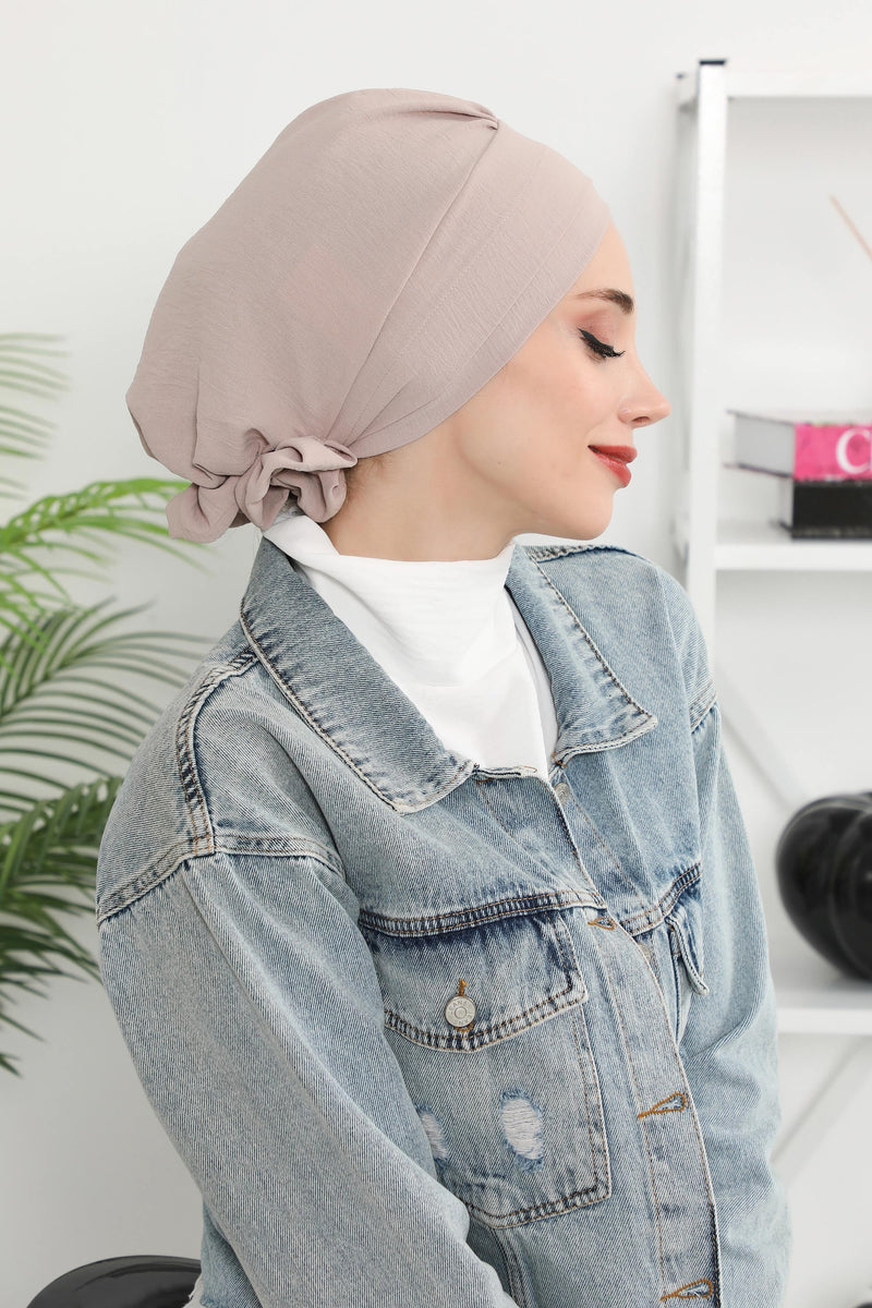 Pre-Tied Modest Turban for Women, Soft Aerobin Fabric Hijab with Stylish Back Flower, Slip-On Cotton Blend Head Cover,HT-92