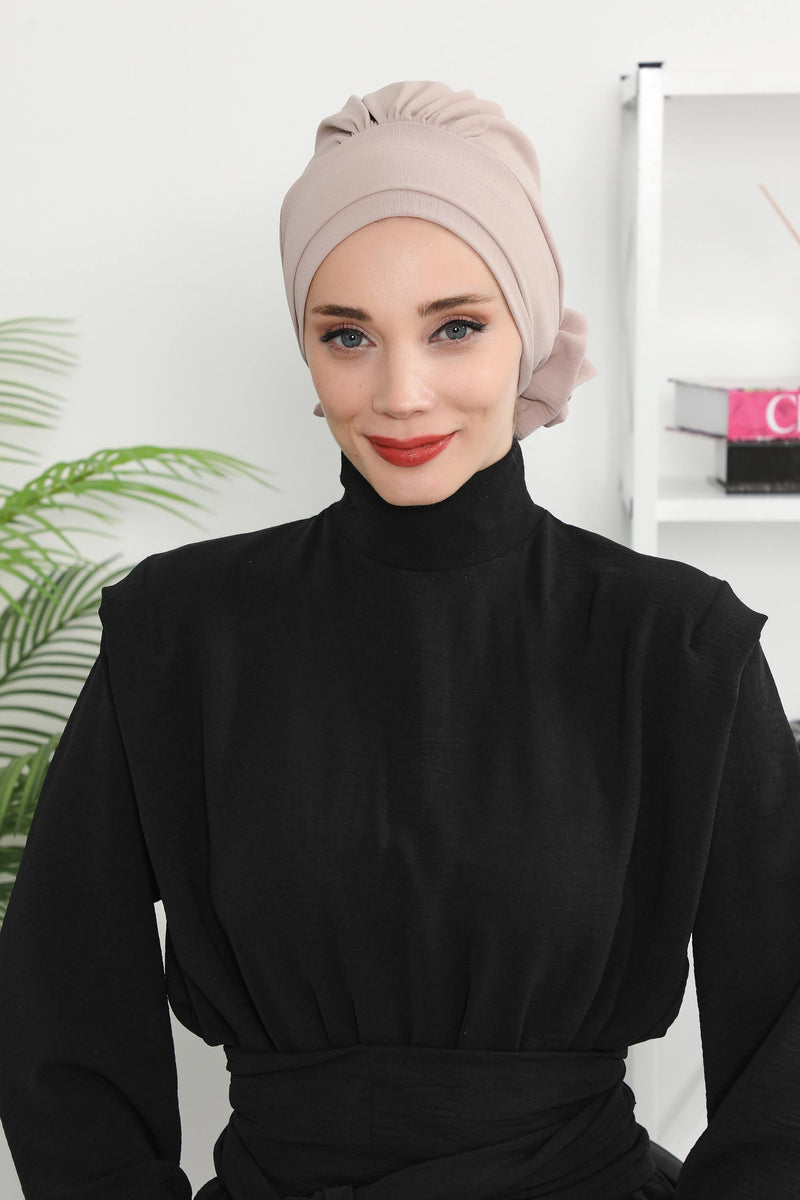 Pre-Tied Modest Turban for Women, Soft Aerobin Fabric Hijab with Stylish Back Flower, Slip-On Cotton Blend Head Cover,HT-92
