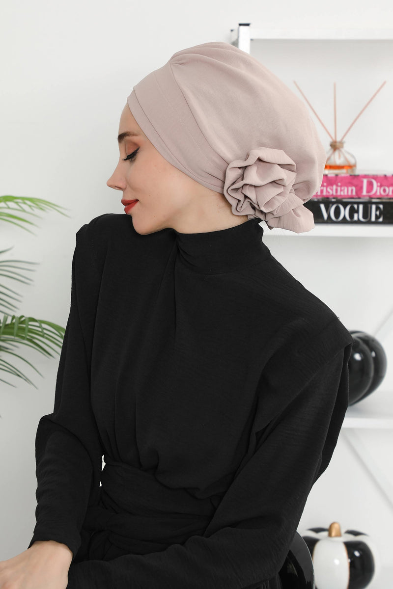 Pre-Tied Modest Turban for Women, Soft Aerobin Fabric Hijab with Stylish Back Flower, Slip-On Cotton Blend Head Cover,HT-92