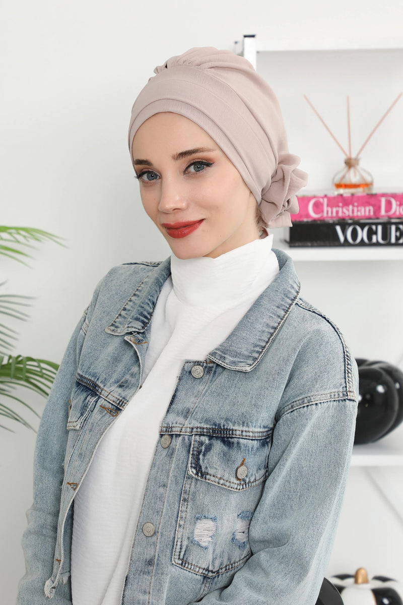 Pre-Tied Modest Turban for Women, Soft Aerobin Fabric Hijab with Stylish Back Flower, Slip-On Cotton Blend Head Cover,HT-92