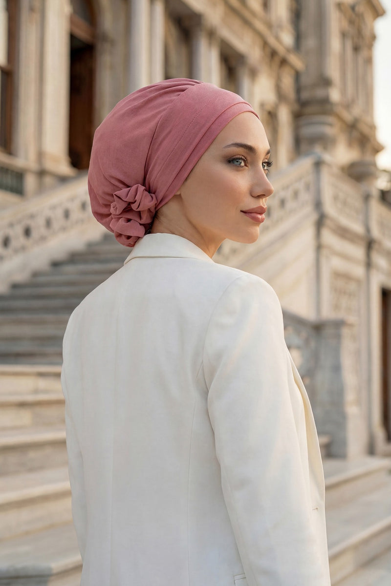Pre-Tied Modest Turban for Women, Soft Aerobin Fabric Hijab with Stylish Back Flower, Slip-On Cotton Blend Head Cover,HT-92