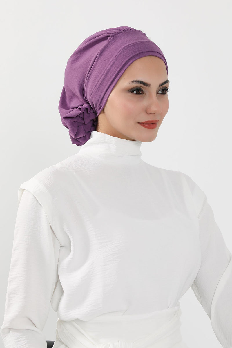 Pre-Tied Modest Turban for Women, Soft Aerobin Fabric Hijab with Stylish Back Flower, Slip-On Cotton Blend Head Cover,HT-92