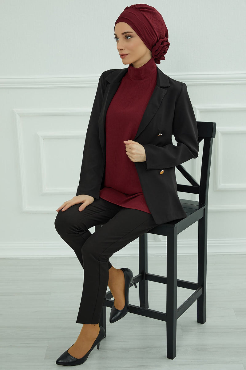 Pre-Tied Modest Turban for Women, Soft Aerobin Fabric Hijab with Stylish Back Flower, Slip-On Cotton Blend Head Cover,HT-92