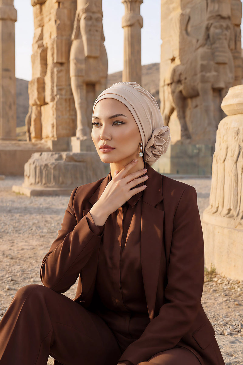 Pre-Tied Modest Turban for Women, Soft Aerobin Fabric Hijab with Stylish Back Flower, Slip-On Cotton Blend Head Cover,HT-92