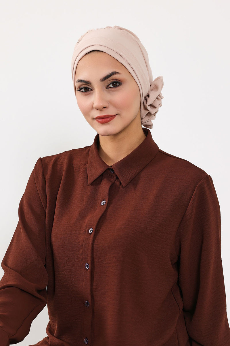 Pre-Tied Modest Turban for Women, Soft Aerobin Fabric Hijab with Stylish Back Flower, Slip-On Cotton Blend Head Cover,HT-92