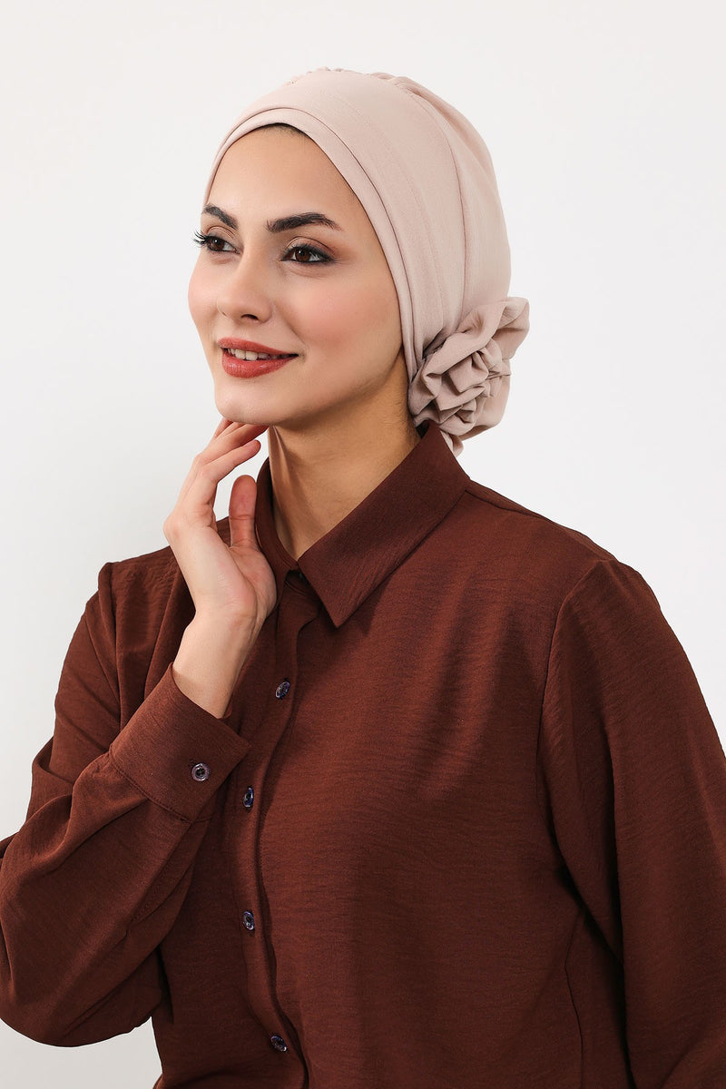 Pre-Tied Modest Turban for Women, Soft Aerobin Fabric Hijab with Stylish Back Flower, Slip-On Cotton Blend Head Cover,HT-92