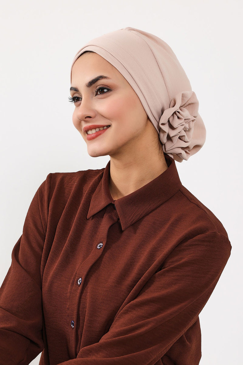 Pre-Tied Modest Turban for Women, Soft Aerobin Fabric Hijab with Stylish Back Flower, Slip-On Cotton Blend Head Cover,HT-92