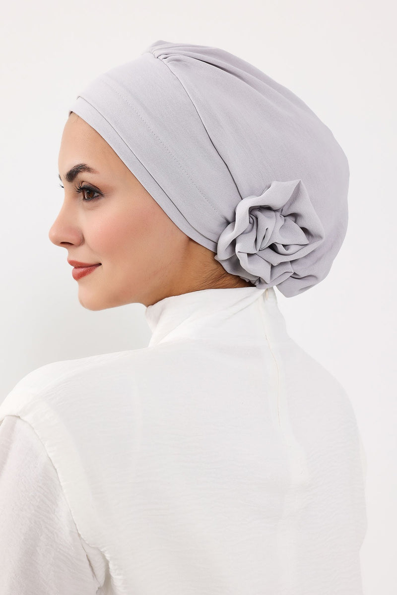 Pre-Tied Modest Turban for Women, Soft Aerobin Fabric Hijab with Stylish Back Flower, Slip-On Cotton Blend Head Cover,HT-92
