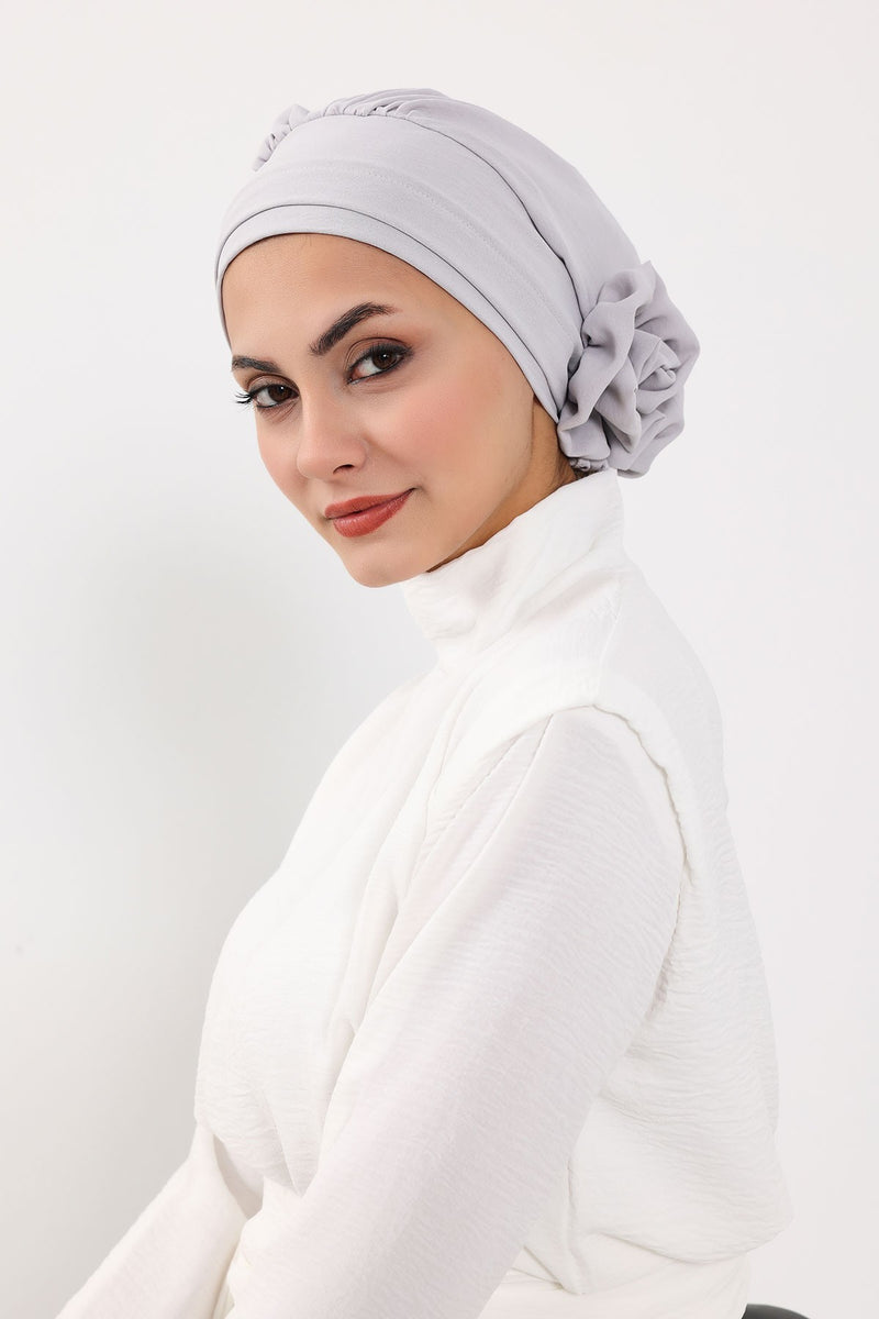 Pre-Tied Modest Turban for Women, Soft Aerobin Fabric Hijab with Stylish Back Flower, Slip-On Cotton Blend Head Cover,HT-92