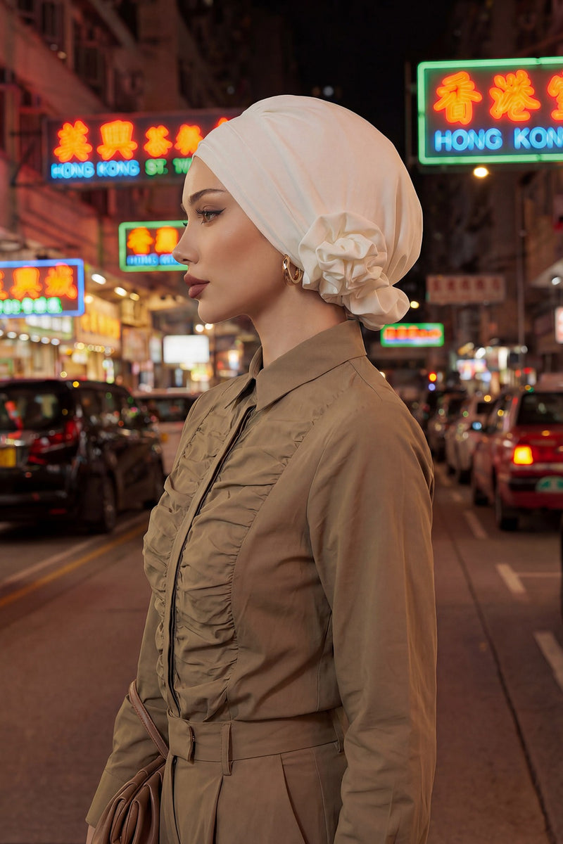 Pre-Tied Modest Turban for Women, Soft Aerobin Fabric Hijab with Stylish Back Flower, Slip-On Cotton Blend Head Cover,HT-92