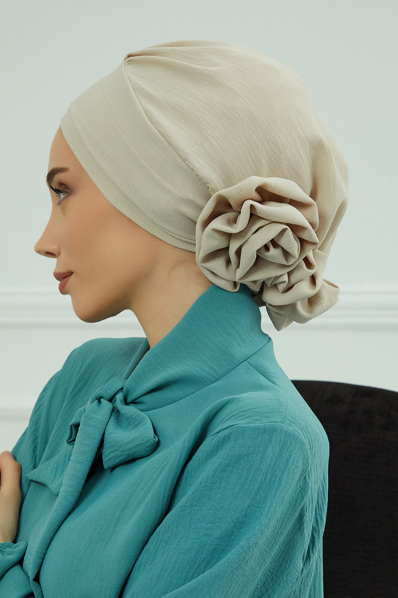 Pre-Tied Modest Turban for Women, Soft Aerobin Fabric Hijab with Stylish Back Flower, Slip-On Cotton Blend Head Cover,HT-92