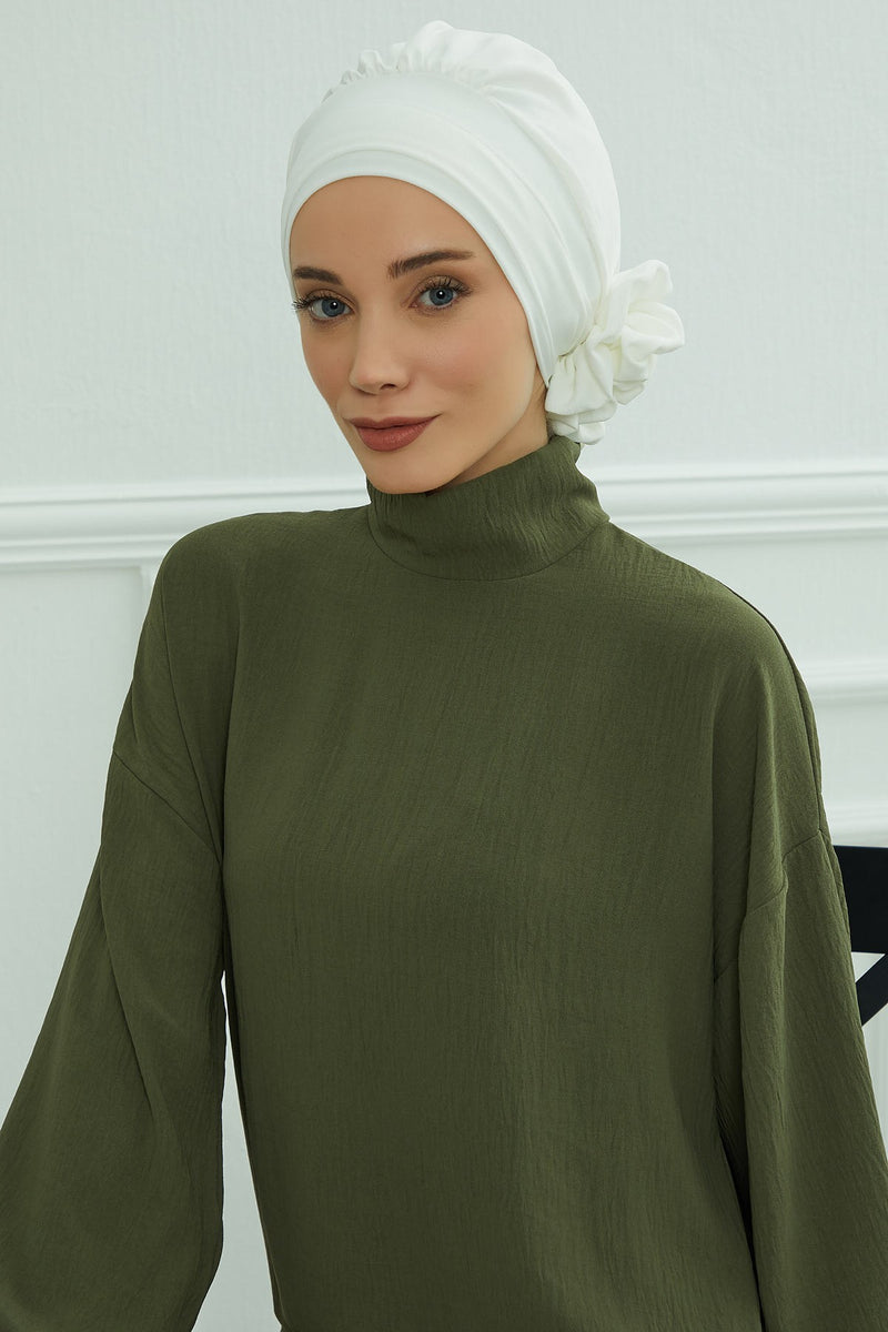 Pre-Tied Modest Turban for Women, Soft Aerobin Fabric Hijab with Stylish Back Flower, Slip-On Cotton Blend Head Cover,HT-92