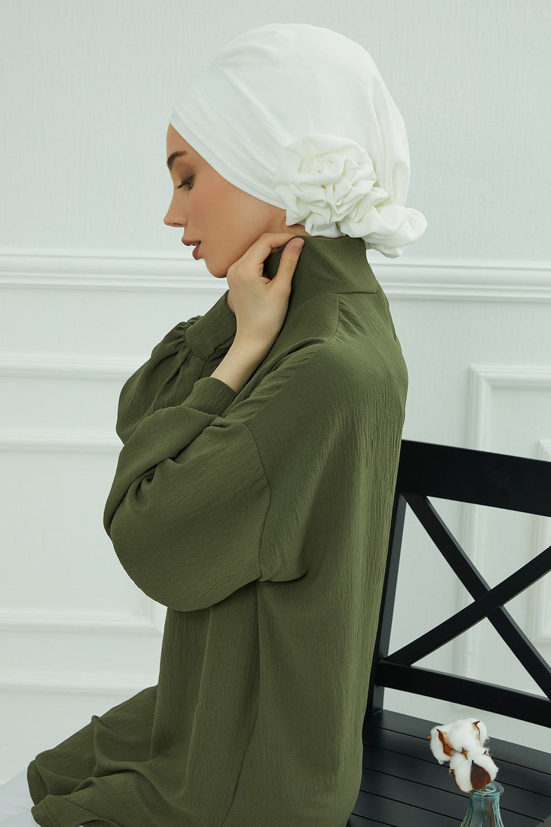 Pre-Tied Modest Turban for Women, Soft Aerobin Fabric Hijab with Stylish Back Flower, Slip-On Cotton Blend Head Cover,HT-92
