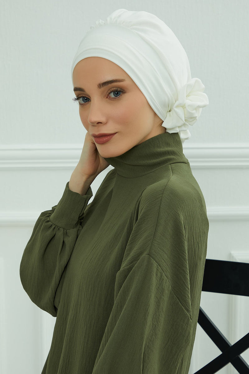 Pre-Tied Modest Turban for Women, Soft Aerobin Fabric Hijab with Stylish Back Flower, Slip-On Cotton Blend Head Cover,HT-92