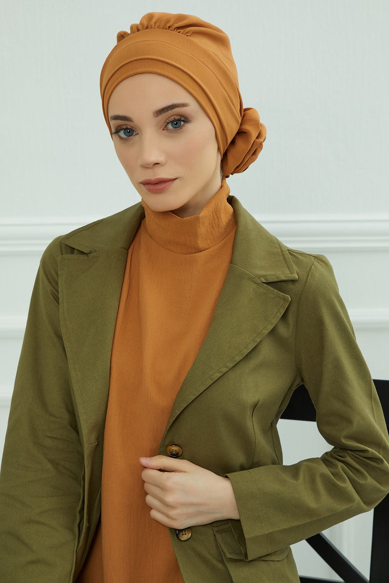 Pre-Tied Modest Turban for Women, Soft Aerobin Fabric Hijab with Stylish Back Flower, Slip-On Cotton Blend Head Cover,HT-92