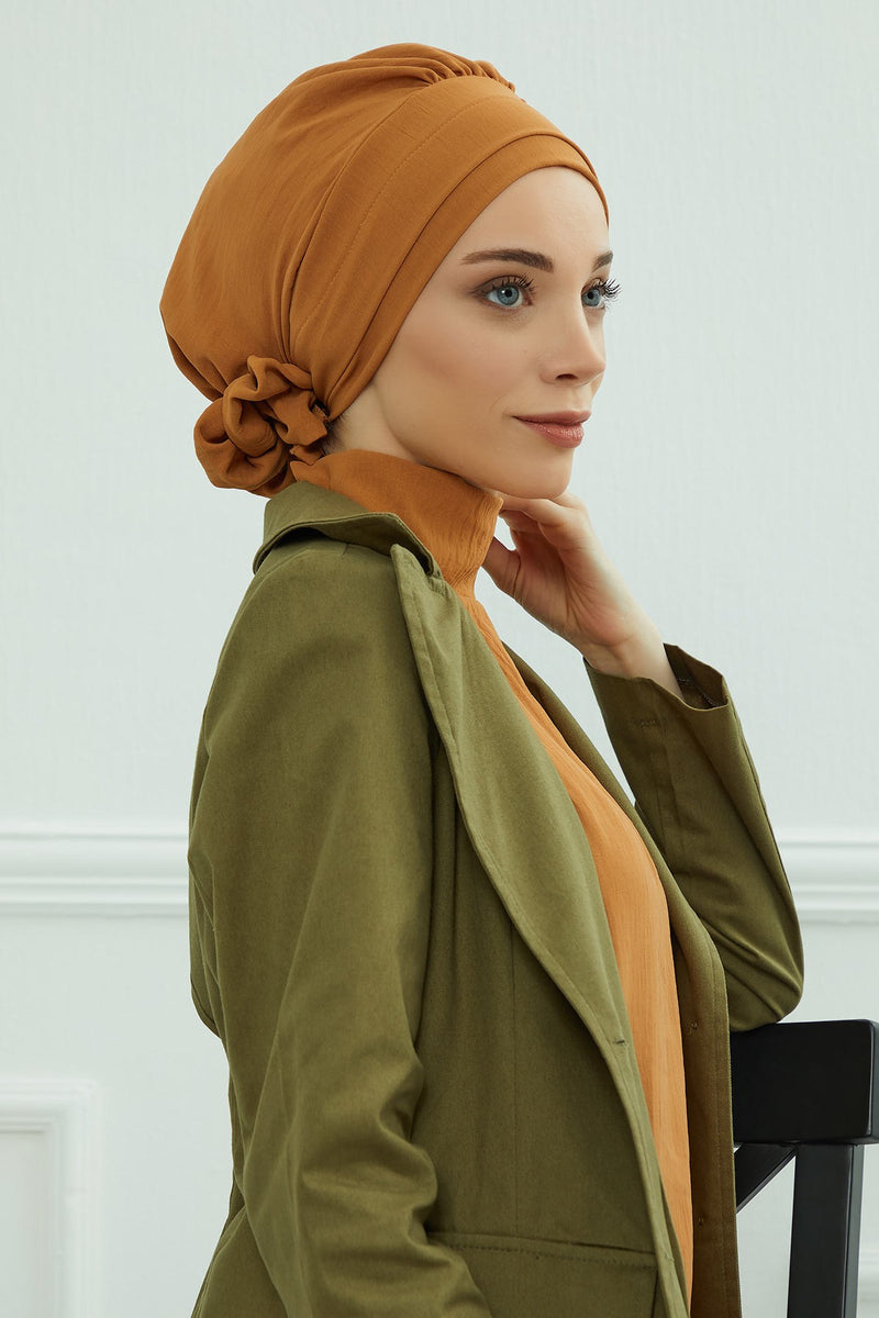 Pre-Tied Modest Turban for Women, Soft Aerobin Fabric Hijab with Stylish Back Flower, Slip-On Cotton Blend Head Cover,HT-92
