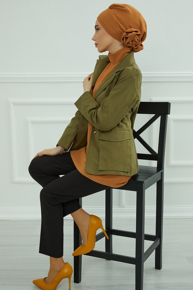 Pre-Tied Modest Turban for Women, Soft Aerobin Fabric Hijab with Stylish Back Flower, Slip-On Cotton Blend Head Cover,HT-92