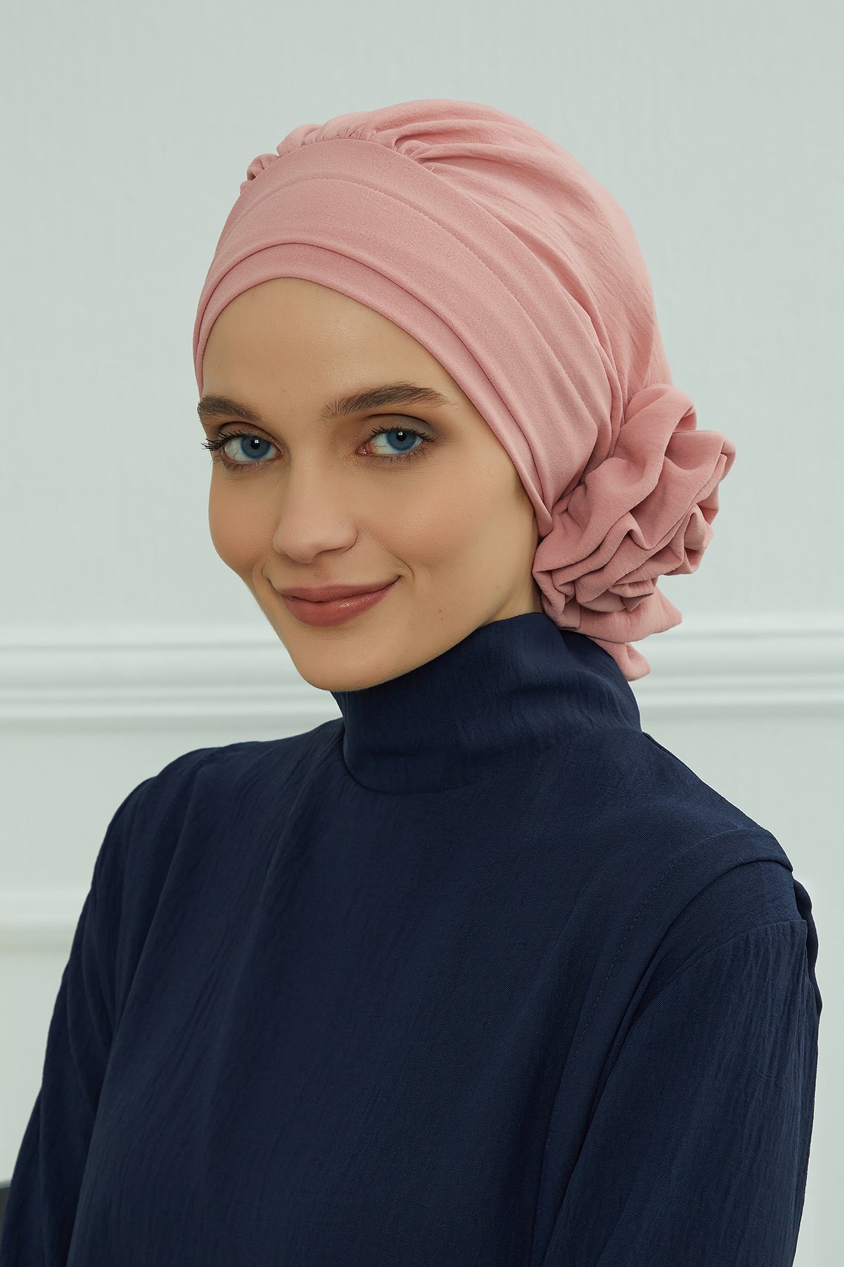 Pre-Tied Modest Turban for Women, Soft Aerobin Fabric Hijab with Stylish Back Flower, Slip-On Cotton Blend Head Cover,HT-92 Pink