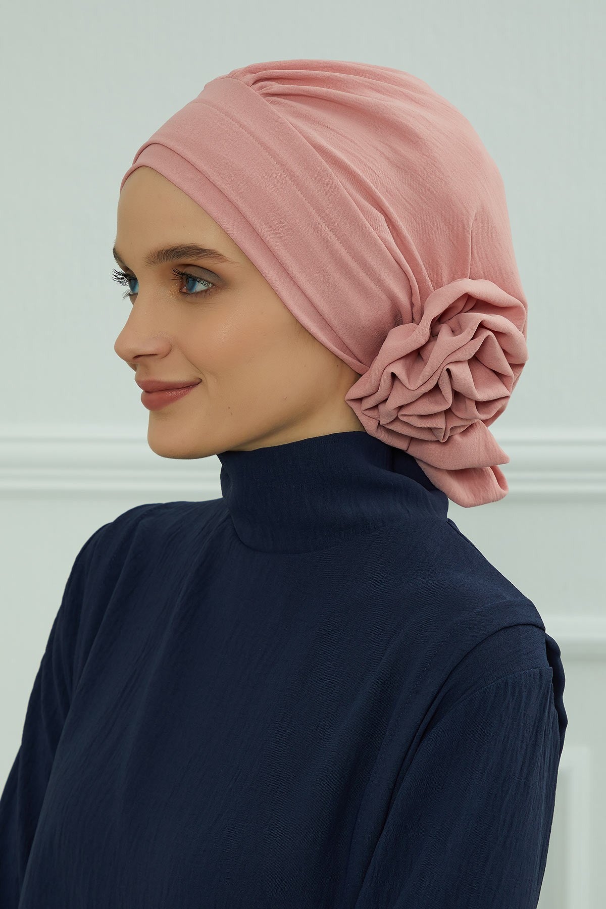 Pre-Tied Modest Turban for Women, Soft Aerobin Fabric Hijab with Stylish Back Flower, Slip-On Cotton Blend Head Cover,HT-92 Pink
