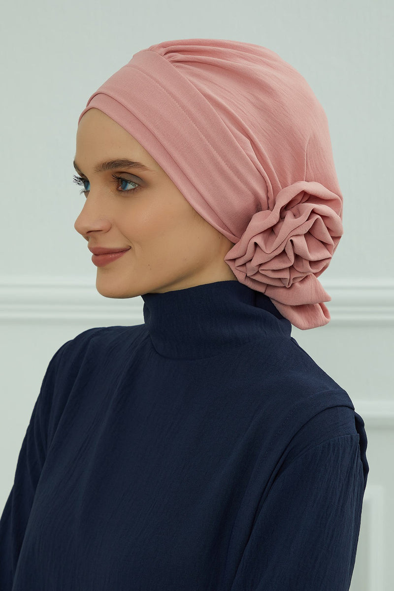 Pre-Tied Modest Turban for Women, Soft Aerobin Fabric Hijab with Stylish Back Flower, Slip-On Cotton Blend Head Cover,HT-92