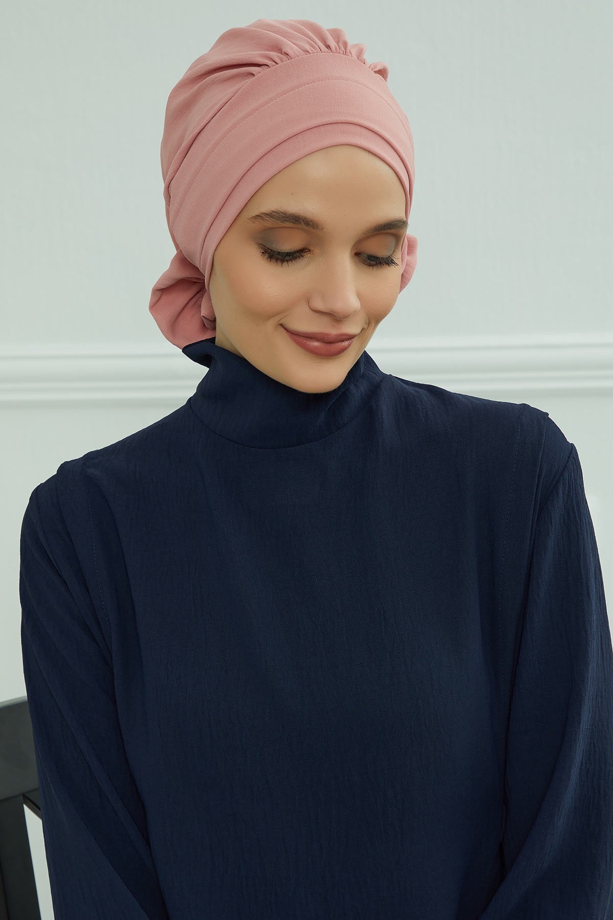 Pre-Tied Modest Turban for Women, Soft Aerobin Fabric Hijab with Stylish Back Flower, Slip-On Cotton Blend Head Cover,HT-92 Pink