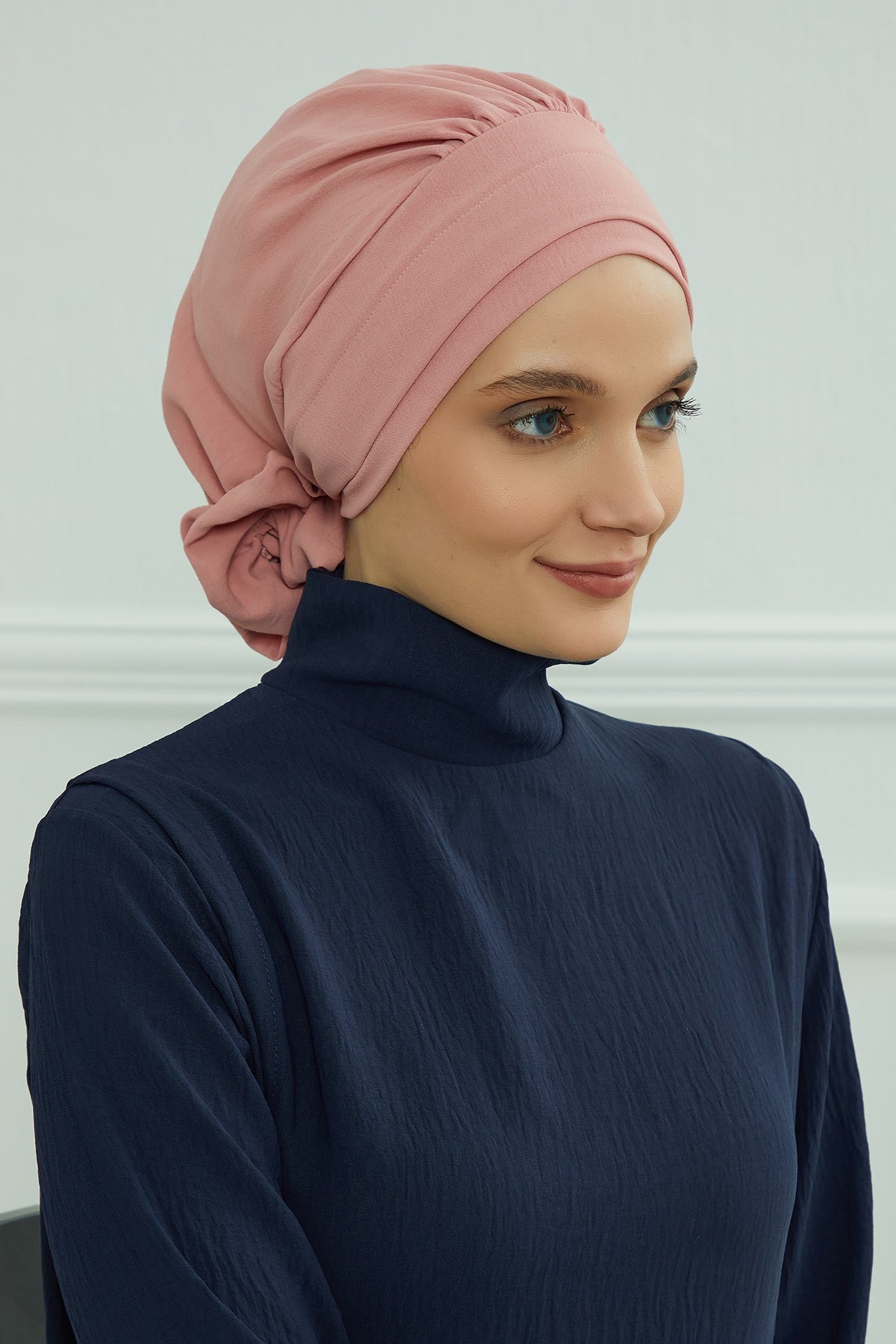 Pre-Tied Modest Turban for Women, Soft Aerobin Fabric Hijab with Stylish Back Flower, Slip-On Cotton Blend Head Cover,HT-92 Pink