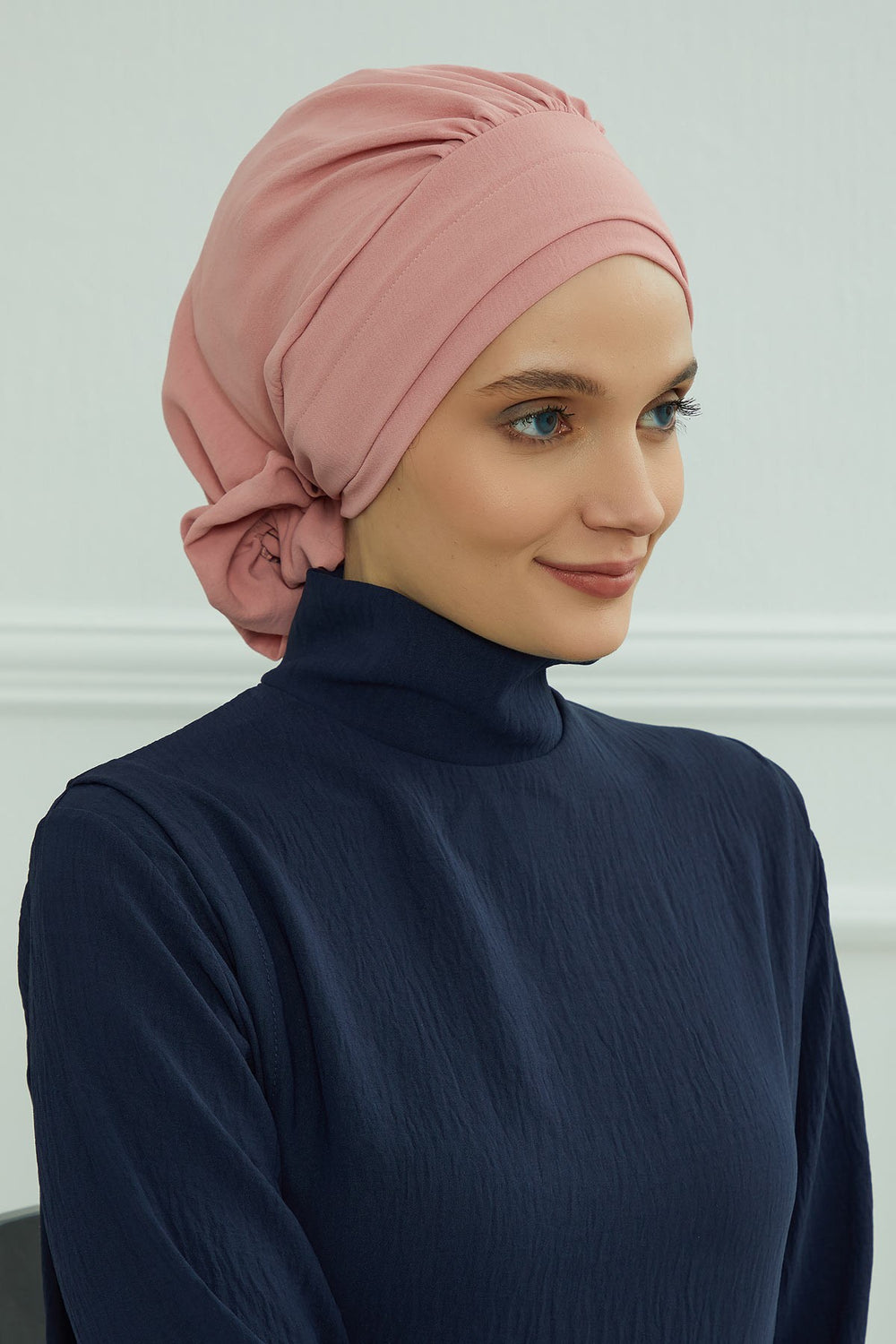 Pre-Tied Modest Turban for Women, Soft Aerobin Fabric Hijab with Stylish Back Flower, Slip-On Cotton Blend Head Cover,HT-92 Pink