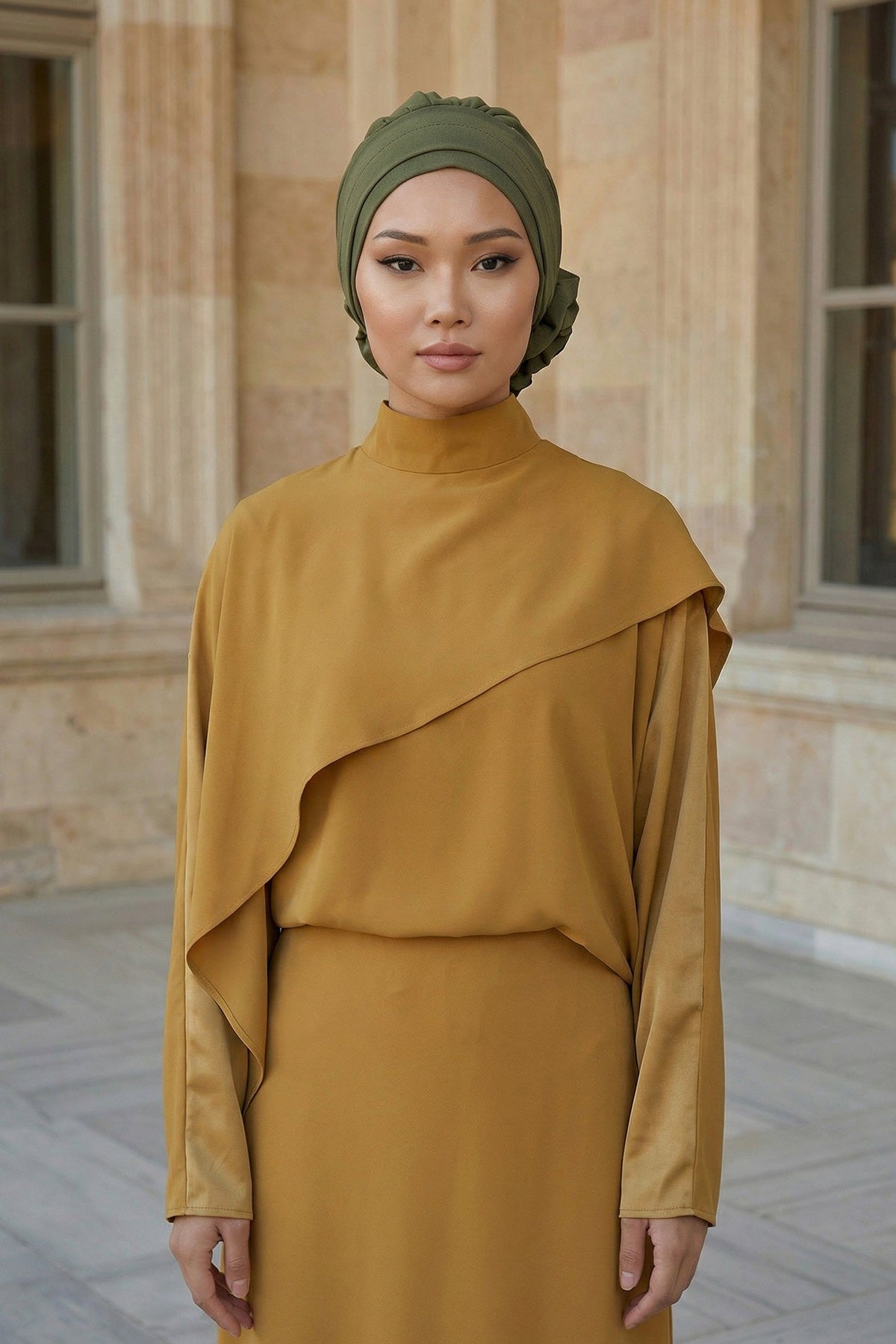 Pre-Tied Modest Turban for Women, Soft Aerobin Fabric Hijab with Stylish Back Flower, Slip-On Cotton Blend Head Cover,HT-92 Army Green