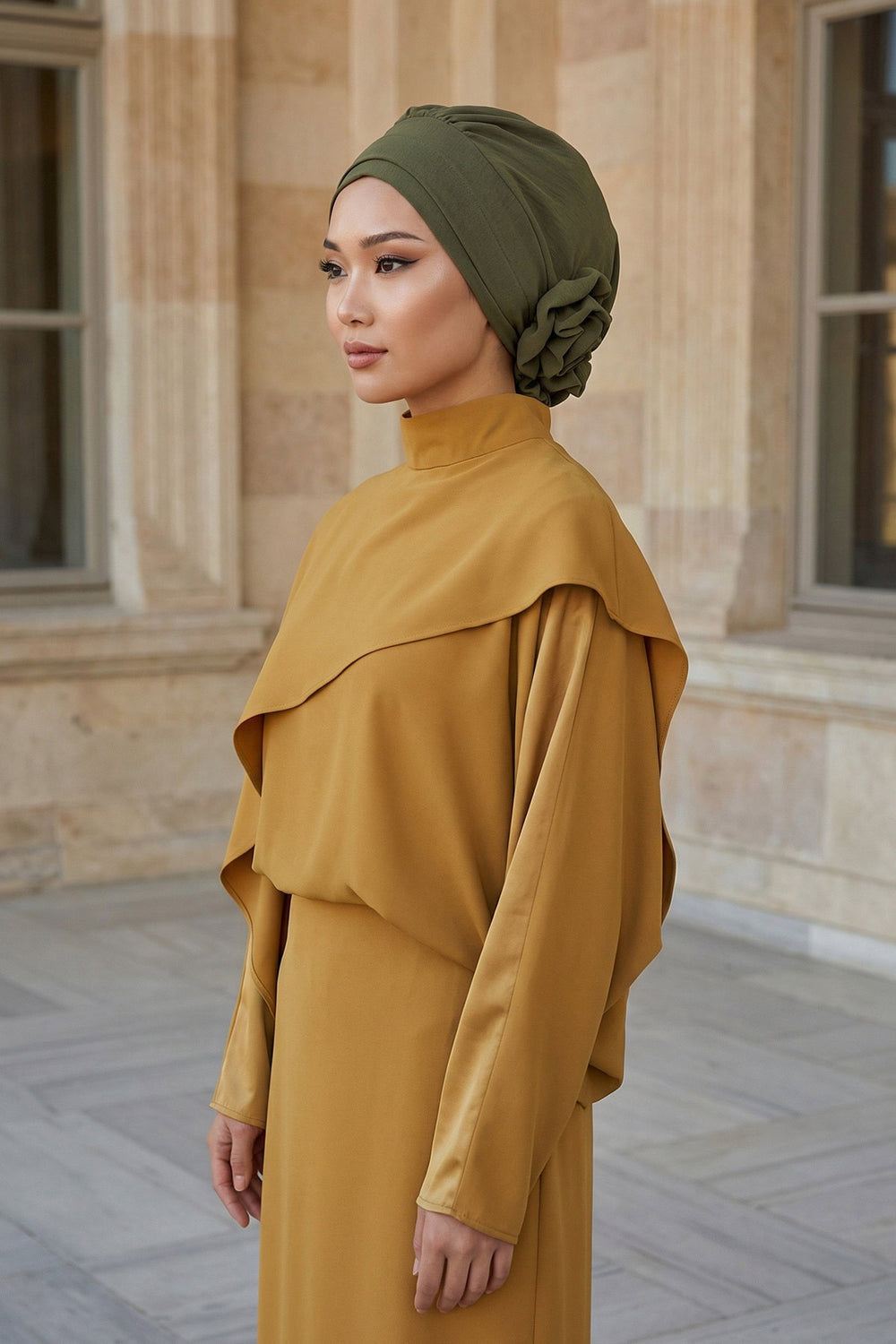 Pre-Tied Modest Turban for Women, Soft Aerobin Fabric Hijab with Stylish Back Flower, Slip-On Cotton Blend Head Cover,HT-92 Army Green