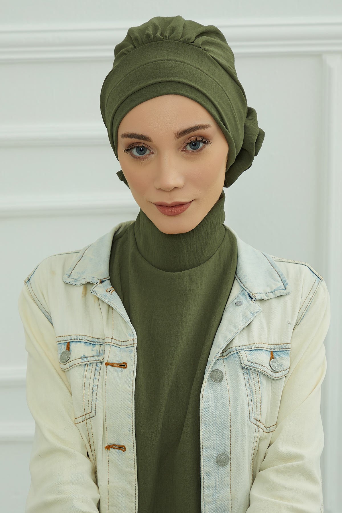 Pre-Tied Modest Turban for Women, Soft Aerobin Fabric Hijab with Stylish Back Flower, Slip-On Cotton Blend Head Cover,HT-92 Army Green