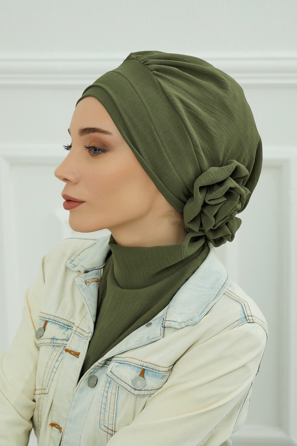 Pre-Tied Modest Turban for Women, Soft Aerobin Fabric Hijab with Stylish Back Flower, Slip-On Cotton Blend Head Cover,HT-92 Army Green