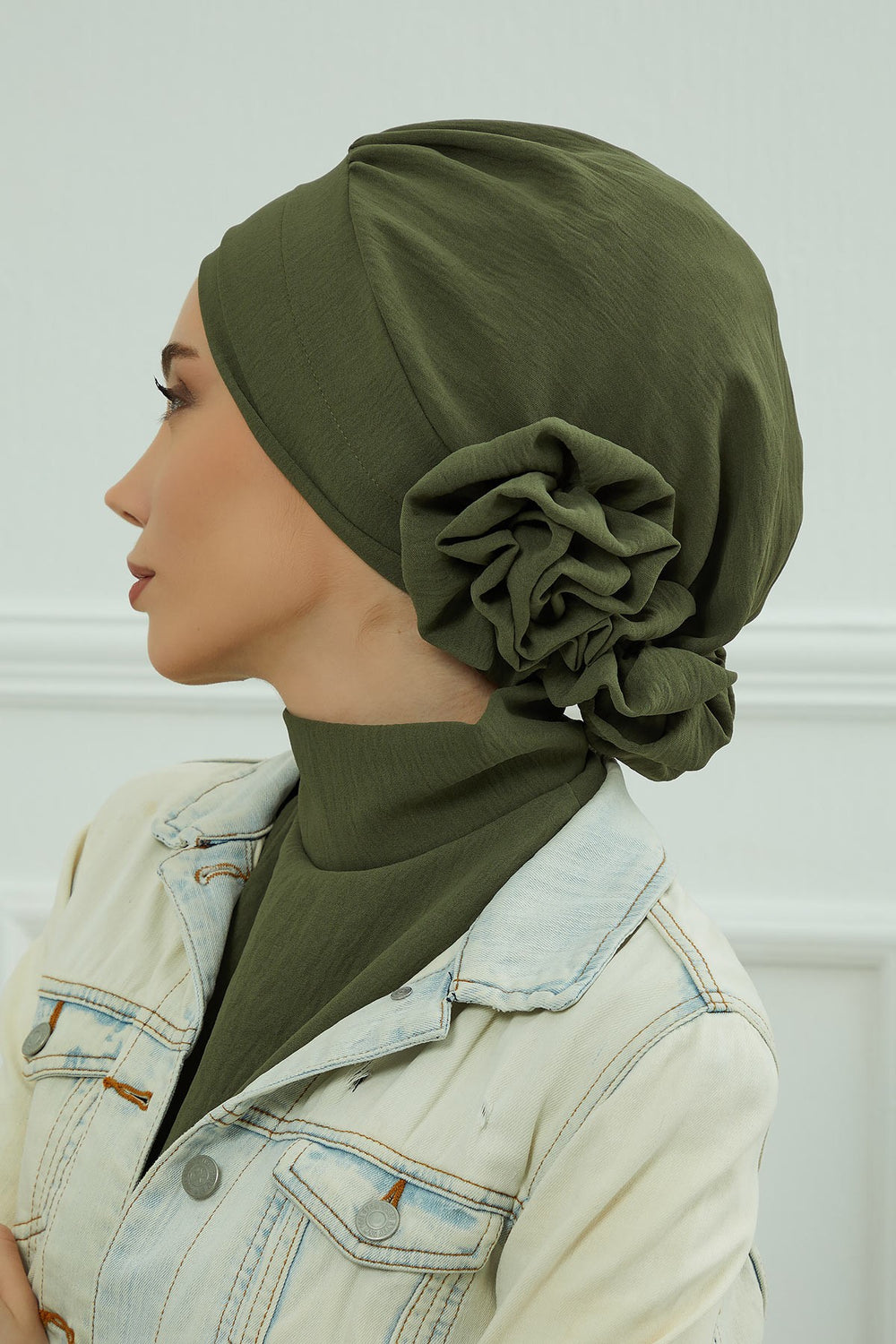 Pre-Tied Modest Turban for Women, Soft Aerobin Fabric Hijab with Stylish Back Flower, Slip-On Cotton Blend Head Cover,HT-92 Army Green