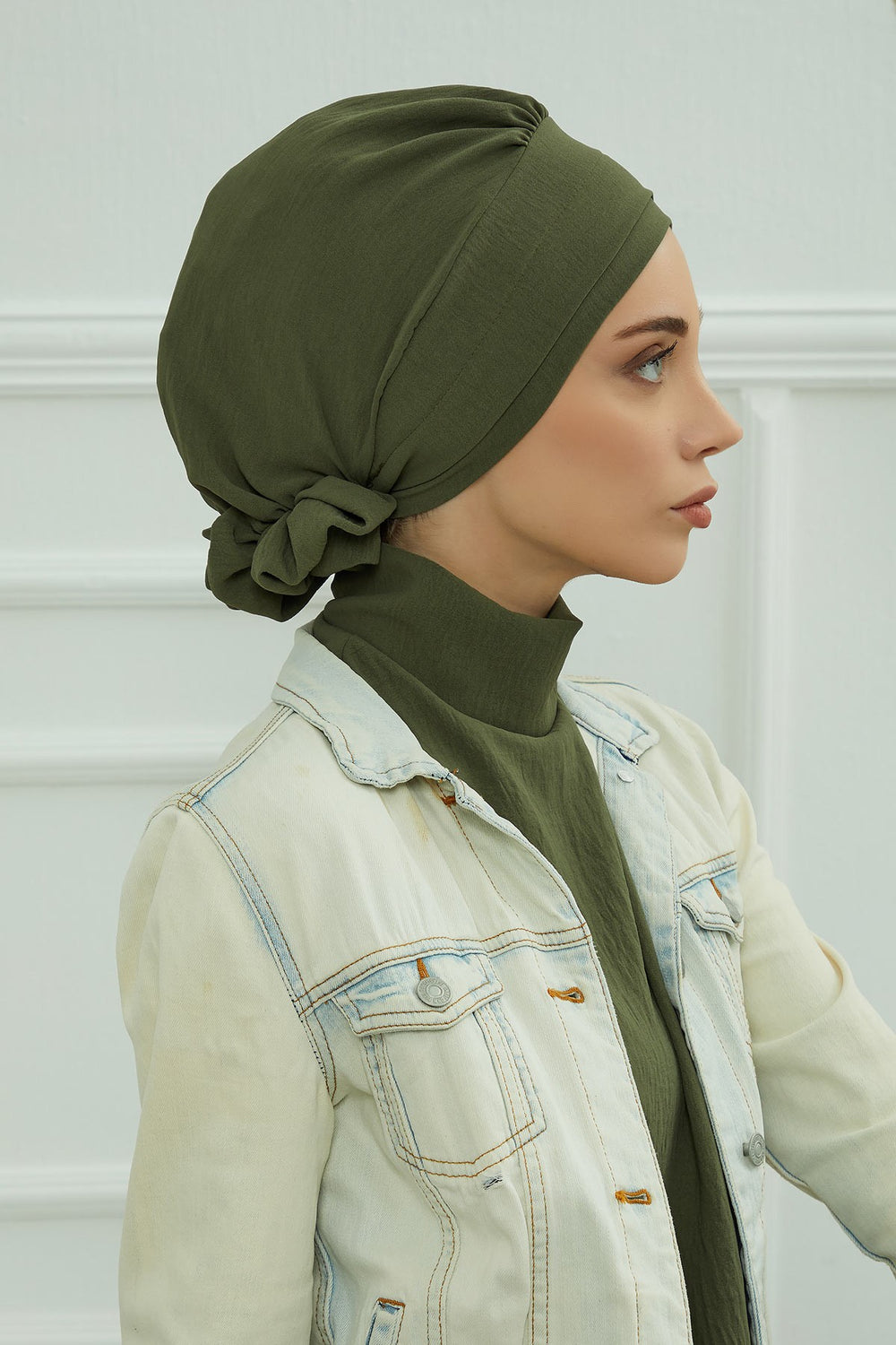 Pre-Tied Modest Turban for Women, Soft Aerobin Fabric Hijab with Stylish Back Flower, Slip-On Cotton Blend Head Cover,HT-92 Army Green