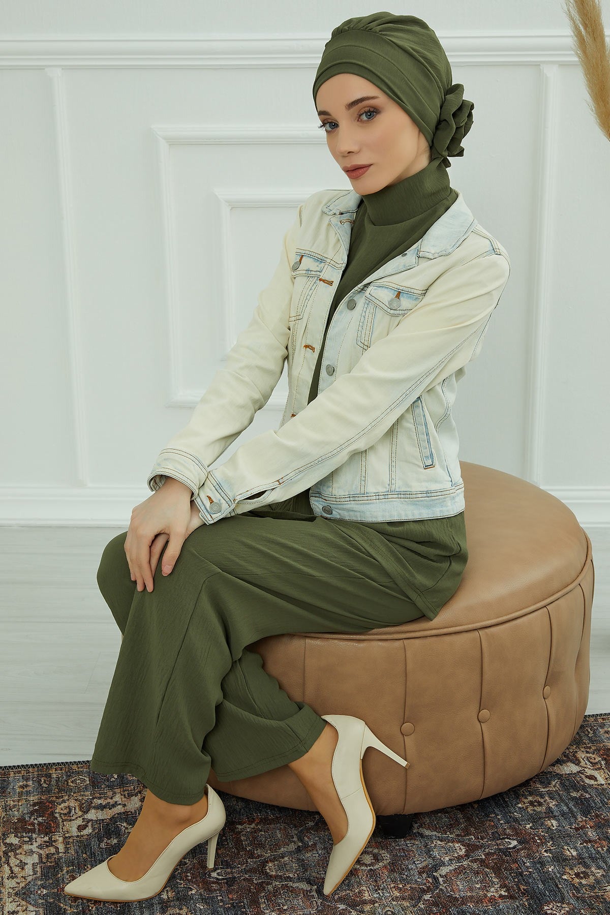Pre-Tied Modest Turban for Women, Soft Aerobin Fabric Hijab with Stylish Back Flower, Slip-On Cotton Blend Head Cover,HT-92 Army Green