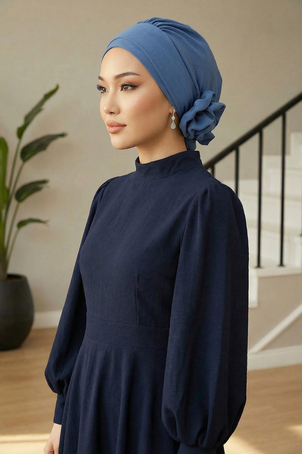 Pre-Tied Modest Turban for Women, Soft Aerobin Fabric Hijab with Stylish Back Flower, Slip-On Cotton Blend Head Cover,HT-92 Blue