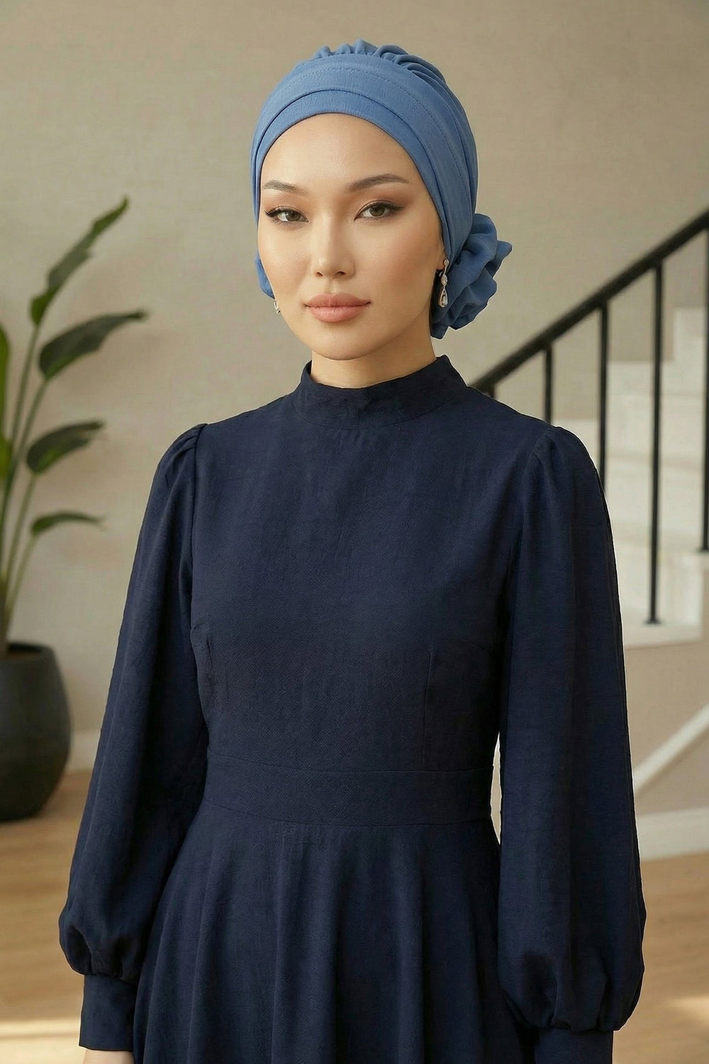 Pre-Tied Modest Turban for Women, Soft Aerobin Fabric Hijab with Stylish Back Flower, Slip-On Cotton Blend Head Cover,HT-92 Blue