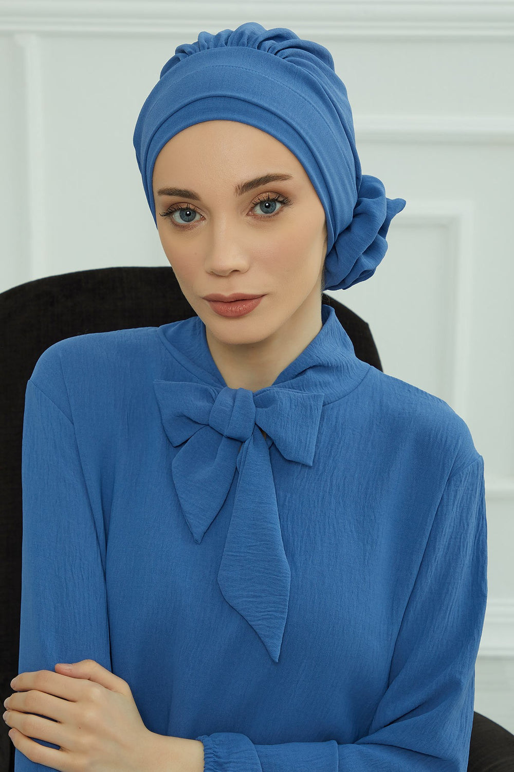 Pre-Tied Modest Turban for Women, Soft Aerobin Fabric Hijab with Stylish Back Flower, Slip-On Cotton Blend Head Cover,HT-92 Blue