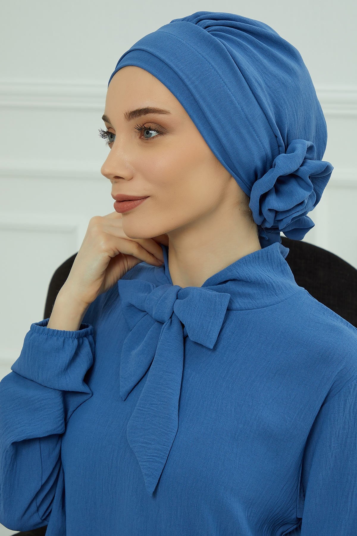 Pre-Tied Modest Turban for Women, Soft Aerobin Fabric Hijab with Stylish Back Flower, Slip-On Cotton Blend Head Cover,HT-92 Blue