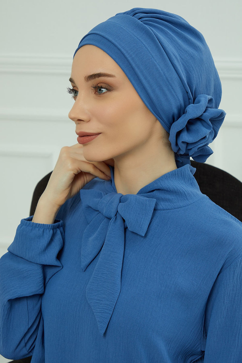 Pre-Tied Modest Turban for Women, Soft Aerobin Fabric Hijab with Stylish Back Flower, Slip-On Cotton Blend Head Cover,HT-92 Blue