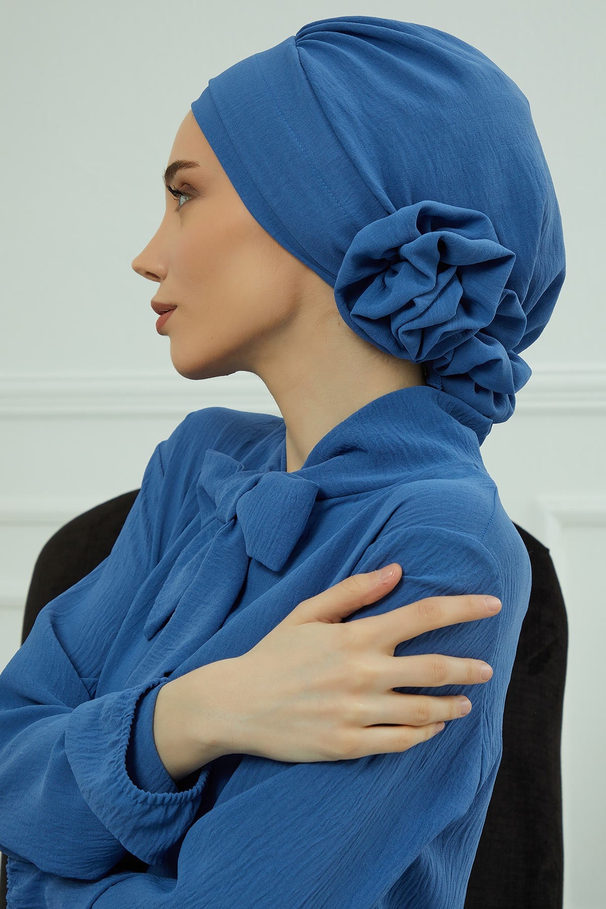 Pre-Tied Modest Turban for Women, Soft Aerobin Fabric Hijab with Stylish Back Flower, Slip-On Cotton Blend Head Cover,HT-92 Blue